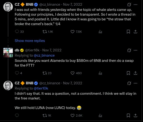 A screenshot of a Twitter/X exchange between CZ Binance (@cz_binance) and @tier10k discussing whale alerts, BNB token sales, and Alameda potentially buying $580M of BNB, dated November 7, 2022.