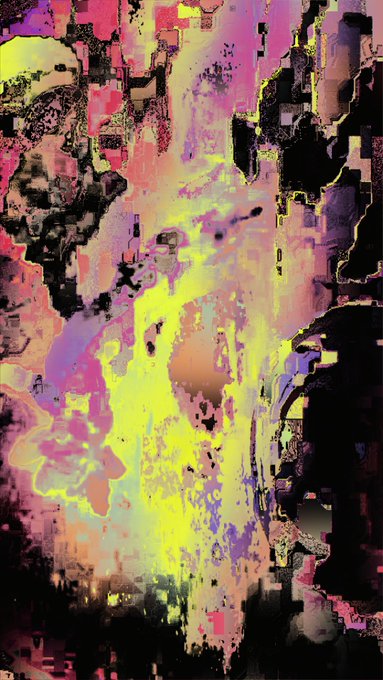 An abstract digital artwork features a chaotic mix of glitch-art style textures, with vibrant splashes of pink, yellow, purple, and black dominating the composition.