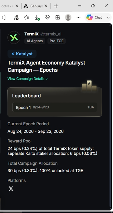 A screenshot of a campaign page for 'TermiX (@termix_ai)' titled 'TermiX Agent Economy Katalyst Campaign — Epochs' showing a Katalyst leaderboard and token allocation details.