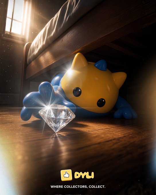 A 3D rendered advertisement featuring a cute yellow and blue creature admiring a sparkling diamond under a bed, with the logo 'OYU' and text 'WHERE COLLECTORS, COLLECT.'