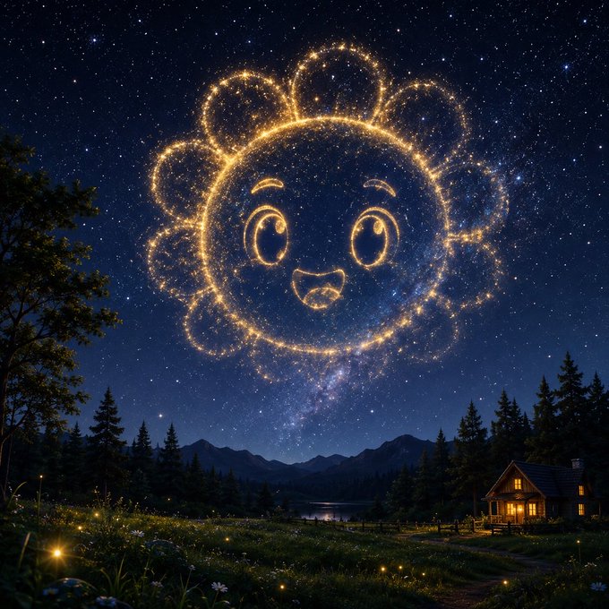 A magical night sky features a smiling sun face made of glowing golden stardust above a peaceful landscape with pine trees, mountains, a lake, and a lit wooden cabin.