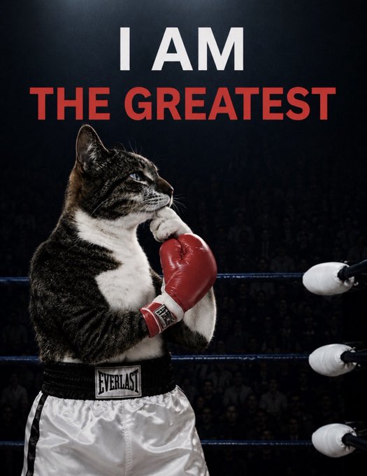 A cat wearing boxing shorts and a red glove stands in a boxing ring with the text 'I AM THE GREATEST' above it, parodying Muhammad Ali.