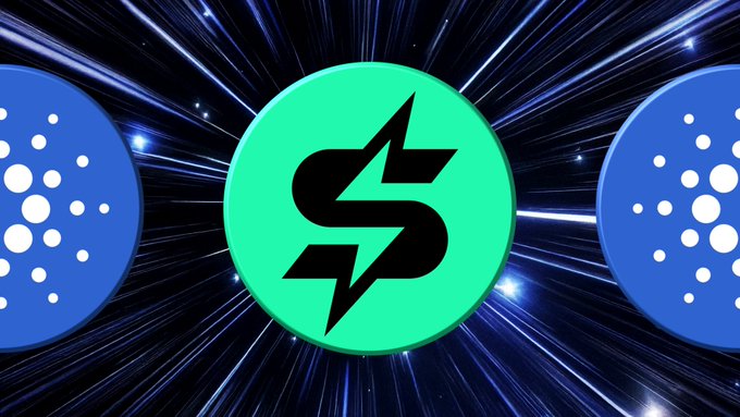 The image features the Strike Finance logo (a black stylized "S" with a lightning bolt on a teal circle) centered between two blue Cardano (ADA) logos against a cosmic background of radiating light streaks—visually representing the announcement of Strike Finance's milestone of 500,000 monthly trades on the Cardano network.