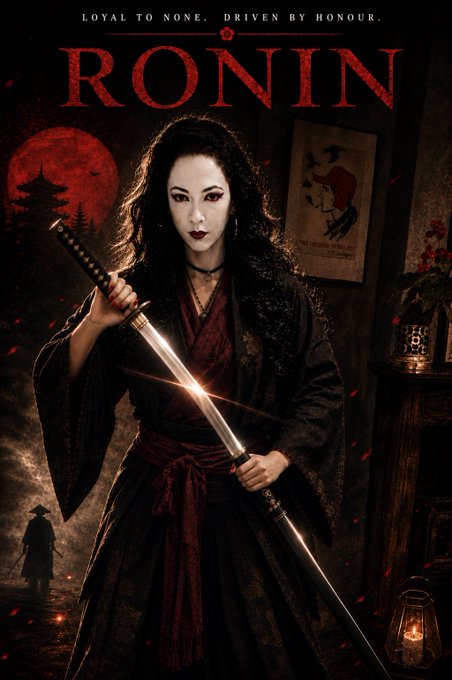 A movie-style poster titled 'RONIN' with the tagline 'LOYAL TO NONE. DRIVEN BY HONOUR,' depicting a dark-haired woman in a black kimono wielding a katana against a red moon backdrop.