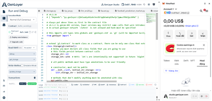 A screenshot of the GenLayer Studio interface showing Solidity code for a football prediction market contract, with a MetaMask panel on the right displaying a 0.00 US$ balance.
