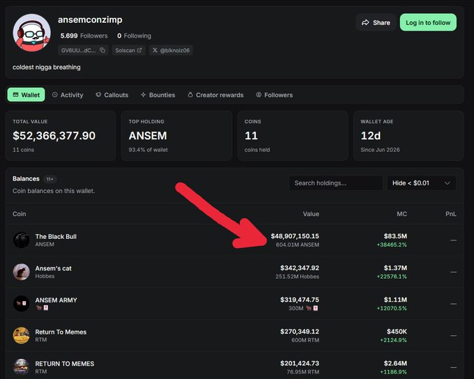 The image displays the wallet holdings of crypto influencer @ansemconzmp, highlighting that his top holding is "The Black Bull" (ANSEM token) valued at $48,907,150.15, representing 93.4% of his $52.3M portfolio. This relates to the post discussing the viral ANSEM airdrop story and how blknoiz06's Pumpfun launch of the ANSEM token became one of the most talked-about projects on Solana, reflected in the massive 604.01M ANSEM holdings shown.