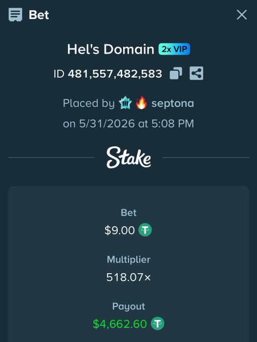 In the image, there's an account from New @ValkyrieXStudio with several posts about gambling and the Casino industry. A message is displayed that says "BET: Hel's Domain placed by Septona id 48155783 on 5/31/2026 at 5:08 PM." The post also mentions a $9900 prize to be paid out. It seems like the casino has recently won money in one of its games, and they are offering a chance for anyone interested to win big through this prize.
