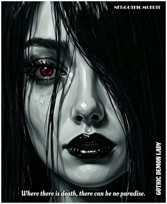 A gothic-style artwork of a pale woman's face with dark hair and one visible red eye, with text 'NFT: GOTHIC MUERTE', 'GOTHIC DEMON LADY', and 'Where there is death, there can be no paradise.'