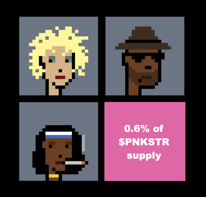 A 2x2 grid featuring three pixel-art portraits (a blonde woman, a figure in a brown hat, and a dark-skinned person with a cigarette) alongside a pink panel reading '0.6% of $PNKSTR supply'.