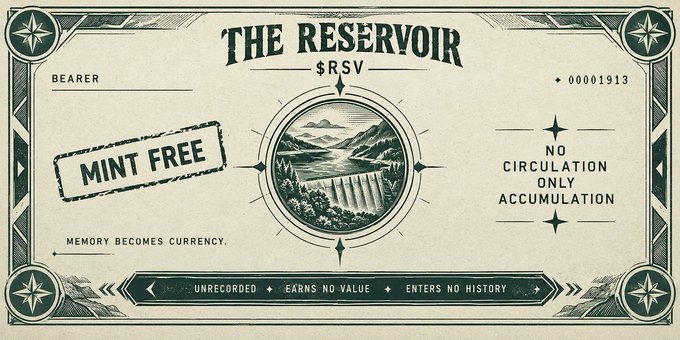 A vintage-style "Reservoir" banknote graphic featuring "$RSV" branding, a serial number (00001913), and a central illustration of a mountain dam, promoting a "MINT FREE" NFT collection where holders can claim "Vessels" via a public mint on OpenSea, with slogans like "Memory Becomes Currency" and "No Circulation Only Accumulation."
