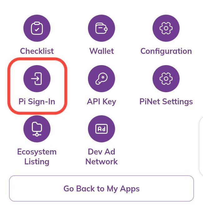 The image displays a developer portal menu featuring options like Checklist, Wallet, Configuration, Pi Sign-In, API Key, PiNet Settings, Ecosystem Listing, and Dev Ad Network, with "Pi Sign-In" highlighted in an orange box to emphasize it as a new feature. This visually reinforces the post's announcement about the gradual rollout of interface upgrades and the introduction of the Pi Sign-In tool for enhanced digital identity management.