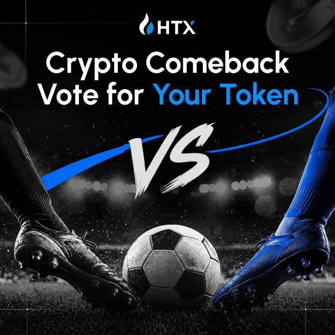 The image features two soccer balls, one blue and one black, placed on a field with text that reads "CRYPT COMEBACK VS vs". The text also includes a hashtag (#HTX) and mentions an event happening at HTX.