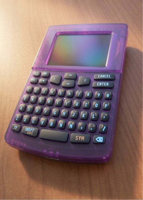 A translucent purple handheld electronic device with a QWERTY keyboard and screen rests on a wooden surface, featuring visible keys labeled "CANCEL," "ENTER," "SHIFT CAP," and "SYM." The image relates to the post by showcasing the Coldcard hardware wallet that the author plans to destroy, depicting the device in its distinctive see-through purple casing before being replaced by a SeedSigner.