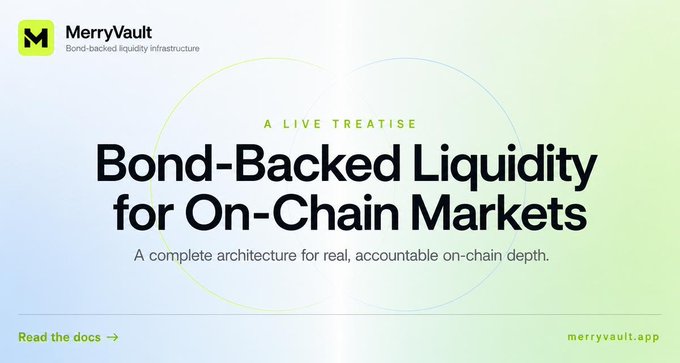 The image is a promotional banner for **MerryVault**, displaying the tagline "Bond-Backed Liquidity Infrastructure" and the headline "A LIVE TREATISE: Bond-Backed Liquidity for On-Chain Markets — A complete architecture for real, accountable on-chain depth," with links to "Read the docs" and "merryvault.app." It visually reinforces the post's message by introducing the $MV protocol's core concept of replacing rented, mercenary liquidity with a bond-backed model that holds projects accountable for maintaining on-chain depth.
