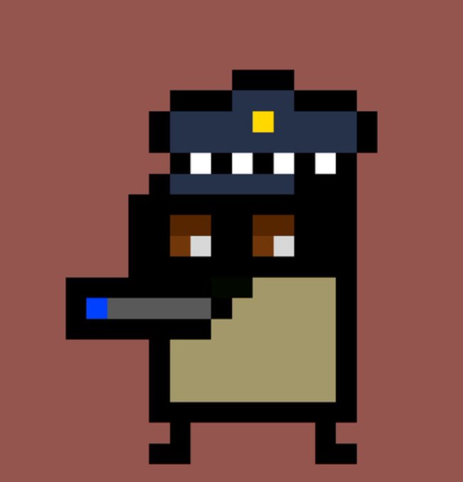 A pixel art character resembling a chubby Godzilla-like creature wearing a police hat with a yellow badge and holding a blue and gray baton, set against a brown background.