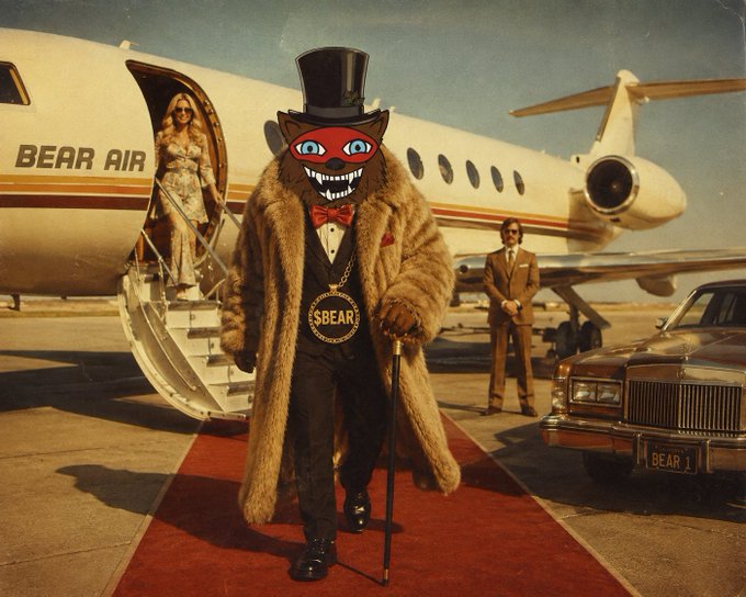 A surreal vintage-style photo showing a demonic bear creature in a top hat and fur coat with an '$BEARD' medallion walking a red carpet from 'BEAR AIR' private jet.