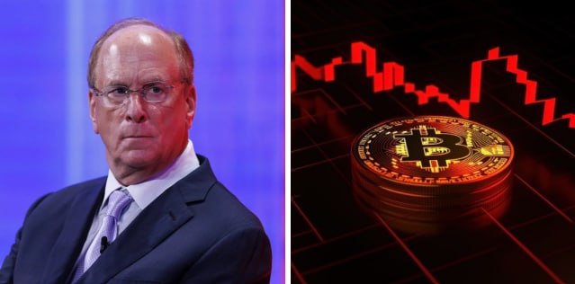 A photo of BlackRock CEO Larry Fink beside a Bitcoin token and a downward-trending red chart line, illustrating the recent $96.7M outflow from BlackRock's IBIT spot Bitcoin ETF amid volatile market conditions.