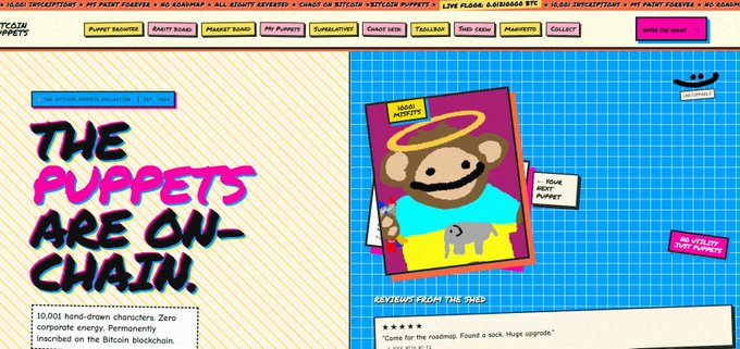 A colorful digital collage artwork with the text 'THE PUPPETS ARE ON-CHAIN' and an illustration of a Bored Ape NFT, mentioning '10,005 hand-drawn characters' and '2x0 corporate energy'.