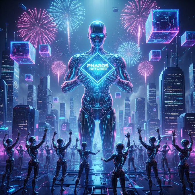 A futuristic digital illustration of a glowing robot figure holding a "PHAROS NETWORK" diamond logo, surrounded by cheering humanoid figures and fireworks over a cyberpunk cityscape.