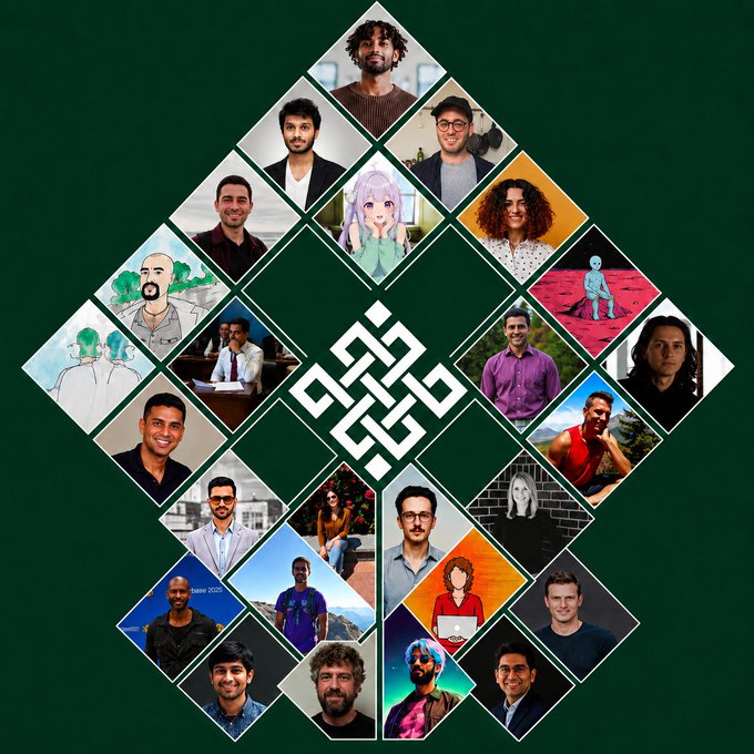 A diamond-shaped collage of team headshots surrounds the Ritual logo, showcasing the diverse researchers, engineers, and operators driving the company's vision of building AI infrastructure for the future. The montage visually represents the world-class talent drawn from DeepMind, Polychain, Palantir, Microsoft AI, Apple, Flashbots, and the Ethereum Foundation, reinforcing that Ritual's competitive edge is its people.