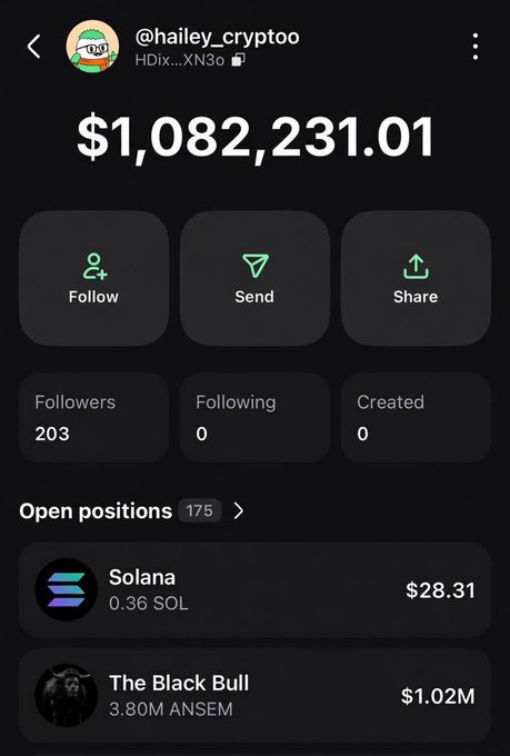 The image shows a trading profile for "@hailey_cryptoo" displaying a portfolio value of $1,082,231.01, featuring notable holdings of 3.80M ANSEM ($1.02M) in "The Black Bull" token alongside 0.36 SOL ($28.31), used to promote a giveaway promising 2 Solana to 5 lucky participants who follow, like, retweet, and join their Telegram.