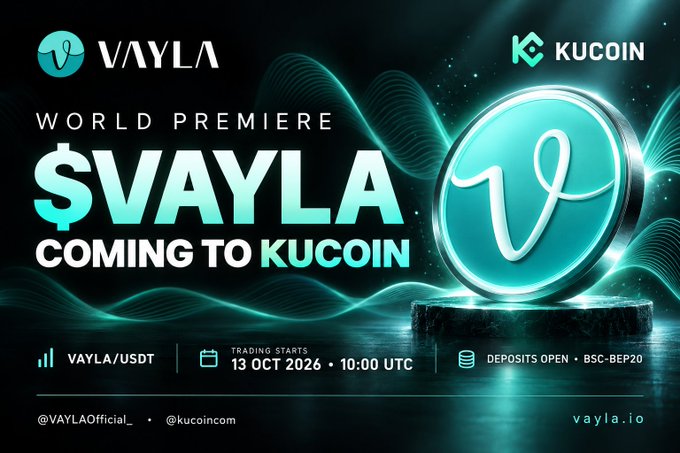 A promotional graphic for VAYLA cryptocurrency listing on KuCoin, announcing '$VAYLA COMING TO KUCOIN' with trading starting 13 OCT 2026 at 10:00 UTC, featuring a glowing teal coin and wave patterns.