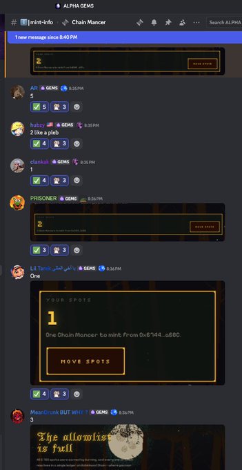 A screenshot of the Chain Mancer Discord channel in the ALPHA GEMS server shows members discussing the upcoming mint, with posts from users Alt, hubzy, dankai, and PRISONER sharing "1," "2 like a pleb," "1," and an image respectively, while Lil Tank announces "One Chain Mancer to mint: From 0x6144…c80C" and a "YOUR SPOTS" panel showing "1" for the community's collaborative mint preparation.