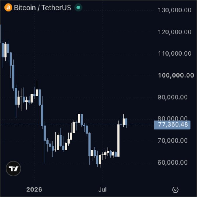 A candlestick chart of Bitcoin/TetherUS (BTC/USDT) shows the price hovering around $77,360.48 after a steep decline from above $120,000 in early 2026 to lows near $60,000 in July, illustrating the post's point that Bitcoin's market movements are indifferent to any individual investor's portfolio size or entry point.