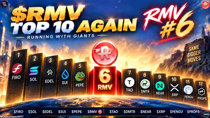 A promotional graphic titled '$RMV TOP 10 AGAIN - RUNNING WITH GIANTS - RMV #6' featuring a podium with cryptocurrency tokens ranked: 1. FIRO, 2. SOL, 3. EDEL, 4. SUI, 5. PEPE, 6. RMV, 7. TAO, 8. DMTR, 9. NEAR, 10. XRP, 11. PENGU, 12. PROPS, with the tagline 'SAME BIGGER MOVES' and ticker pairs $FIRO, $SOL, $EDEL, $SUI, $PEPE, $RMV, $TAO, $DMTR, $NEAR, $XRP, $PENGU, $PROPS at the bottom.