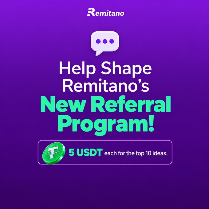 A purple promotional graphic for 'Remitano' asking users to 'Help Shape Remitano's New Referral Program!' and offering '5 USDT each for the top 10 ideas'.