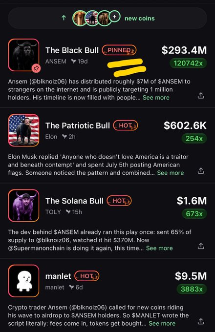 A cryptocurrency tracking app showing new coins including 'The Black Bull' ($ANSEM, $293.4M), 'The Patriotic Bull' (Elon, $602.6K), 'The Solana Bull' ($TOLY, $1.6M), and 'manlet' ($9.5M).