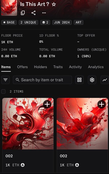 The image features an advertisement for a piece of art, which includes two distinct images of abstract red splatter art displayed side by side. The first image has a text overlay that reads "Is This Art? Yes", while the second image does not have any text present. The background of both images is white, which contrasts with the red artwork and makes it stand out even more. The post encourages viewers to respond with comments about the art pieces.