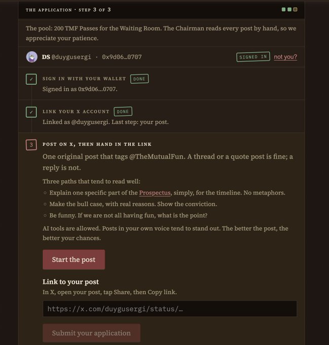 A screenshot of step 3 of 3 for "THE APPLICATION" on a website, showing an instruction page for a 200 TMF Passes pool, currently signed in as user "duygusergi" with a linked X account.
