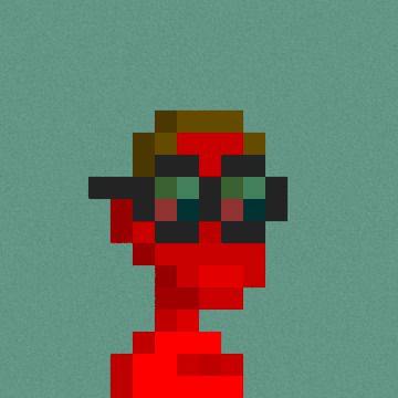 A pixel art rendering of a red figure wearing sunglasses and a brown hat against a textured teal background.