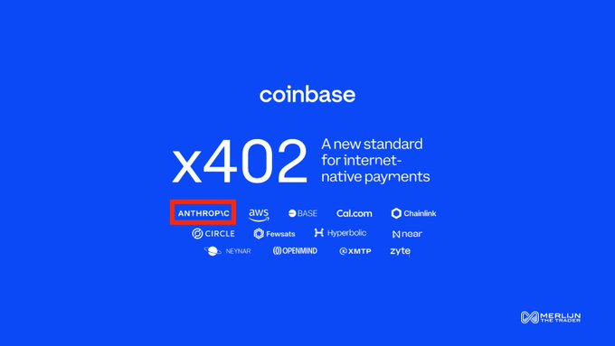 A blue poster with white text says "Coinbase X402". Below this are logos for several cryptocurrency companies like Circle (circle.com), Anthropay (anthropy/eth), and Coinbase (coinbase/).