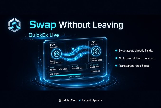 BeldexCoin promotional graphic for 'QuickEx Live' featuring a swap interface converting BDX to USDC at a rate of 1 BDX = 0.1886 USDC, highlighting 'Swap Without Leaving'.