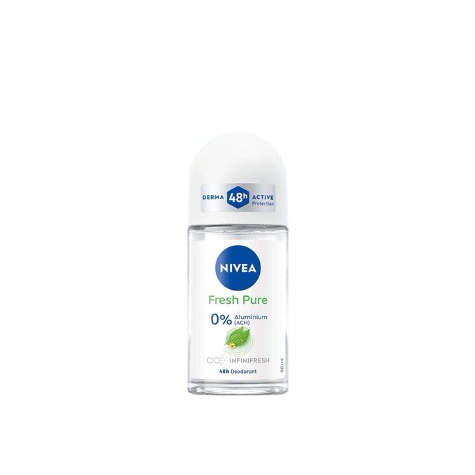 A product image of a Nivea "Fresh Pure" roll-on deodorant with "48h Active Protection" and "0% Aluminium (ACH)" claims, in a clear bottle with a white cap.