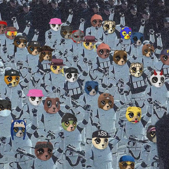 An artwork depicting a large crowd of Star Wars stormtroopers whose helmets are replaced with various cat faces and hats.