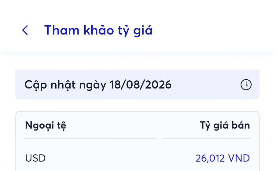 A Vietnamese exchange rate reference page showing USD at 26,012 VND, updated on 18/08/2026.