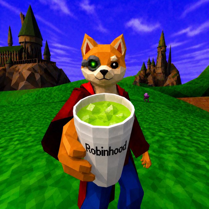 A low-poly 3D fox character with glowing green eyes holds a cup labeled "Robinhood" filled with green liquid, standing in a grassy field with castles in the background, playing on the post's toast to the "organic cult" of Robinhood by visualizing members as enchanted, potion-drinking creatures in a fantasy realm.