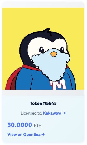 An NFT listing card showing a cartoon penguin wearing a blue sweater with an 'M' on it, listed as 'Token #5545' licensed to 'Kakawow' for 30.0000 ETH.