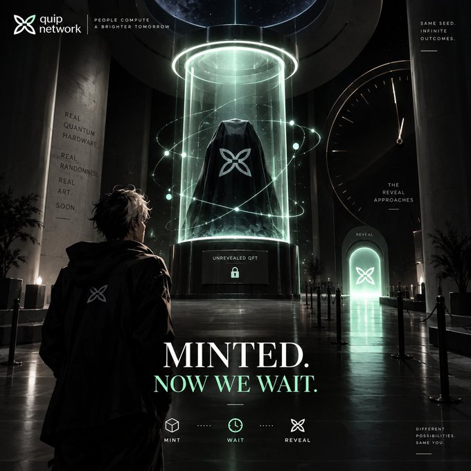 A dark, futuristic promotional image for "quip network" featuring a cloaked figure in a glowing cylindrical chamber, with prominent text reading "MINTED. NOW WE WAIT." and icons labeled MINT, WAIT, and REVEAL.