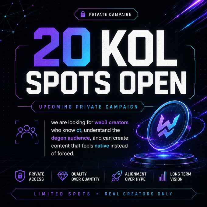 A dark neon promotional graphic for a "PRIVATE CAMPAIGN" announcing "20 KOL SPOTS OPEN," seeking web3 creators familiar with CT and the degen audience, with icons for private access, quality, alignment, and long-term vision.
