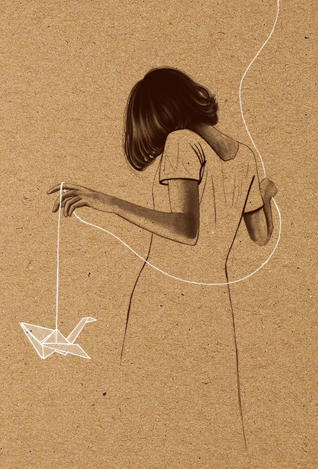 The image features a woman with long brown hair, wearing a white dress, holding a paper crane that has been drawn onto a piece of cardboard or paper using white lines. The drawing depicts the woman as if she's flying through the air while holding the paper crane in her hand. The background is a simple beige color, which contrasts nicely with the white elements in the image and further emphasizes the focus on the woman and her actions.