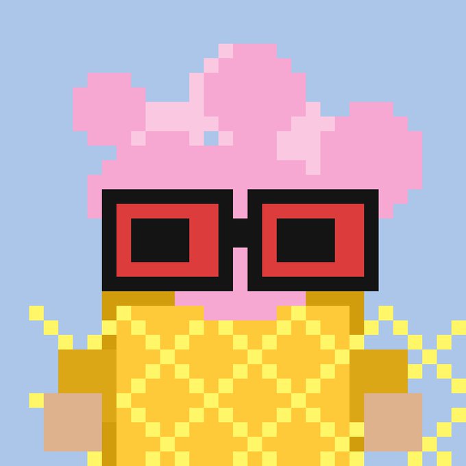 A pixel art image of a character with pink hair, large red square sunglasses, and a yellow checkered outfit against a light blue background.