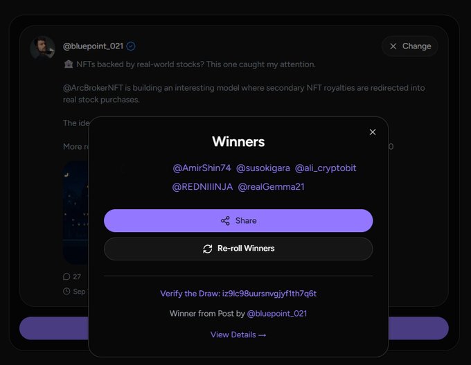 A screenshot of a winners announcement from what appears to be a crypto giveaway post by @bluepoint_021, listing winners (@AmirShin74, @susokigara, @ali_cryptobit, @REDNIIIINJA, @realGemma21) with Share and Re-roll Winners buttons.