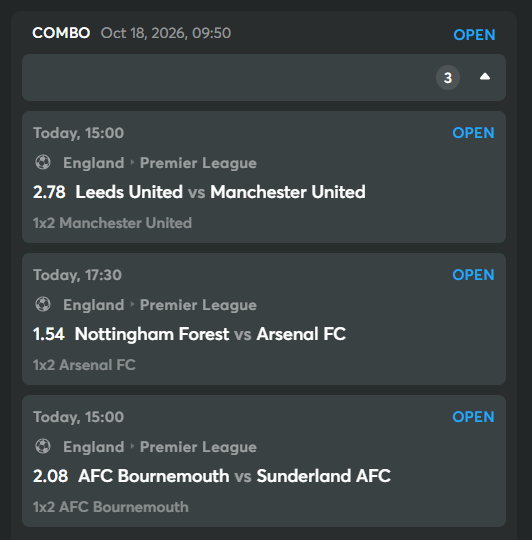A sports betting interface displays combo betting options for England Premier League matches including Leeds United vs Manchester United, Nottingham Forest vs Arsenal FC, and AFC Bournemouth vs Sunderland AFC, dated Oct 18, 2026.