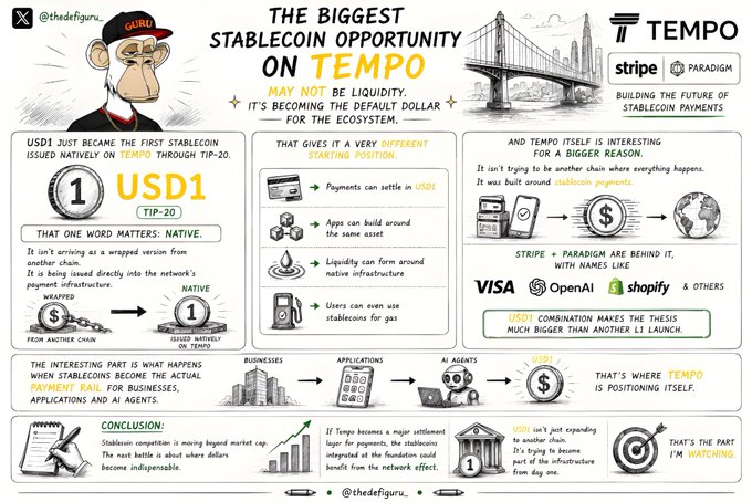 An infographic titled 'THE BIGGEST STABLECOIN OPPORTUNITY ON TEMPO' explains the USD1 stablecoin, featuring logos for TEMPO, Stripe, Paradigm, Visa, OpenAI, and Shopify.