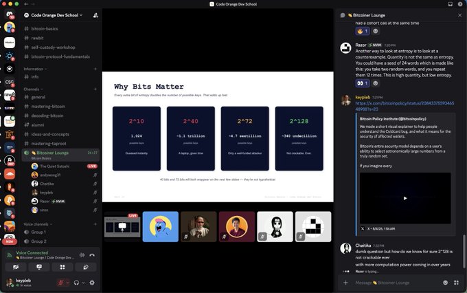 A Discord interface showing a 'Bitcointier Lounge' server during a Bitcoin Dev School school presentation titled 'Why Bits Matter' explaining entrophy and entropy concepts.