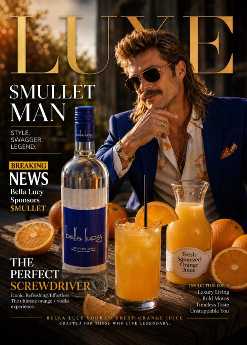 The image features a man sitting at a table with two glasses of orange juice, one containing vodka and the other filled with orange juice. There are also several oranges placed around him. The text "LUXE" can be seen on the cover of the magazine, which is likely related to the drinks in front of him.